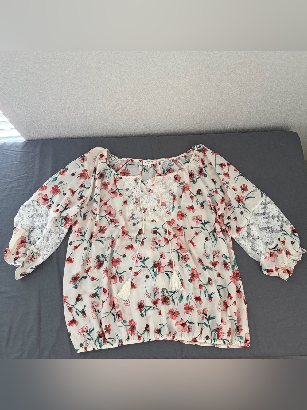 Siren Lily Woven Cream Blouse with Pink Floral Print and Bubble hem